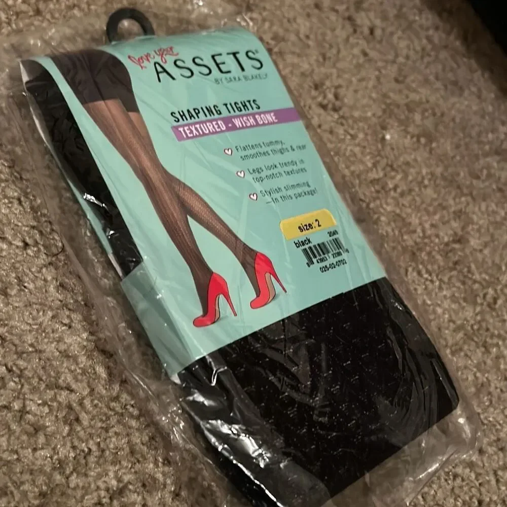 Love Assets By Spanx Size 2 Shaping Smoothing Tights Black Textured Wishbone New